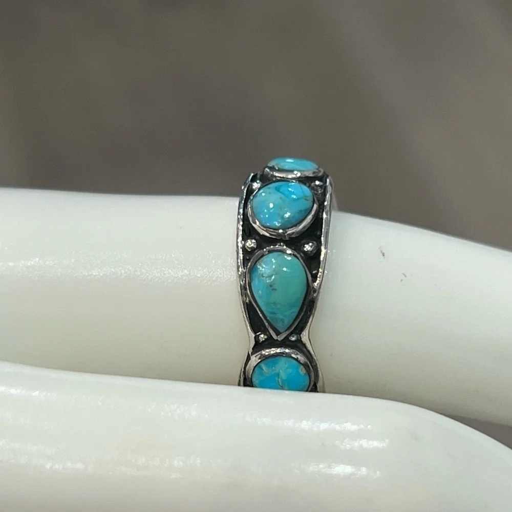 Santa Fe Style Sterling Silver Kingman Turquoise 5 Stone Ring Sz 7